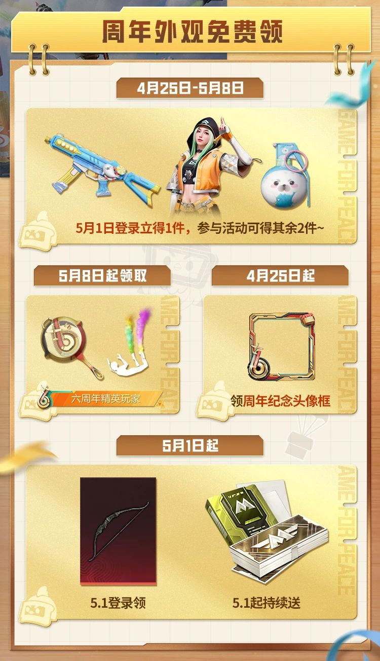 和平精英6周年福利大放送，没有你领不到的，只有你想不到的！快快行动起来~