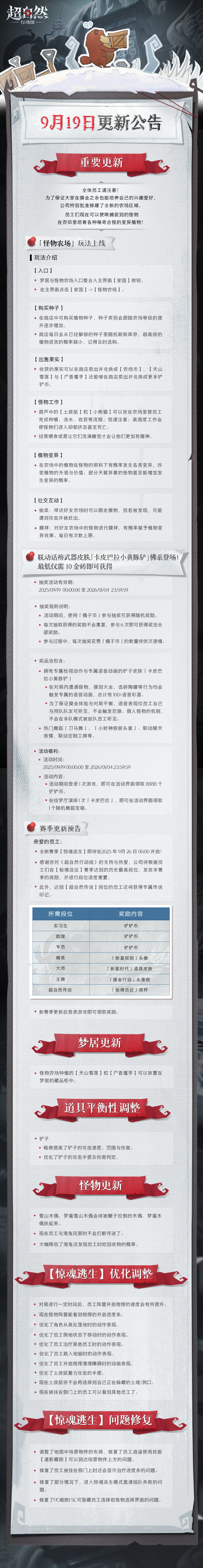 《超自然行动》9月19日更新丨「怪物农场」上线！「卡皮巴拉小黄豚铲」登场~